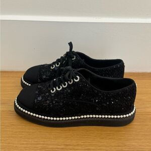 Chanel Black Sequin Oxford Sneakers with Pearl Detailing